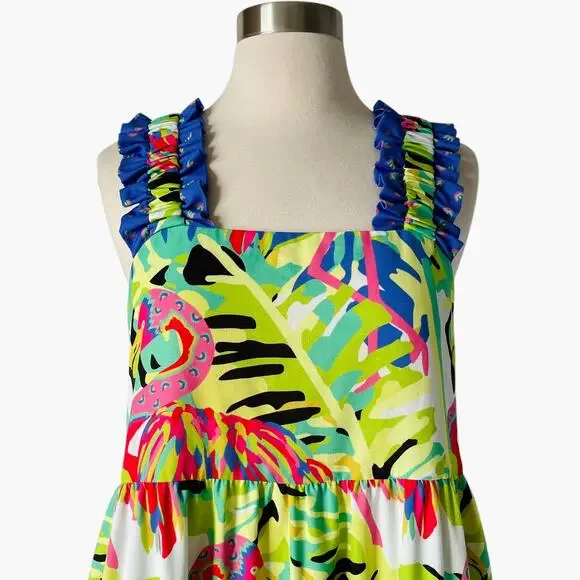 Crosby by Mollie Burch Bowie Dress Size S Green Pink Flamingo Print Resort - Picture 3 of 8